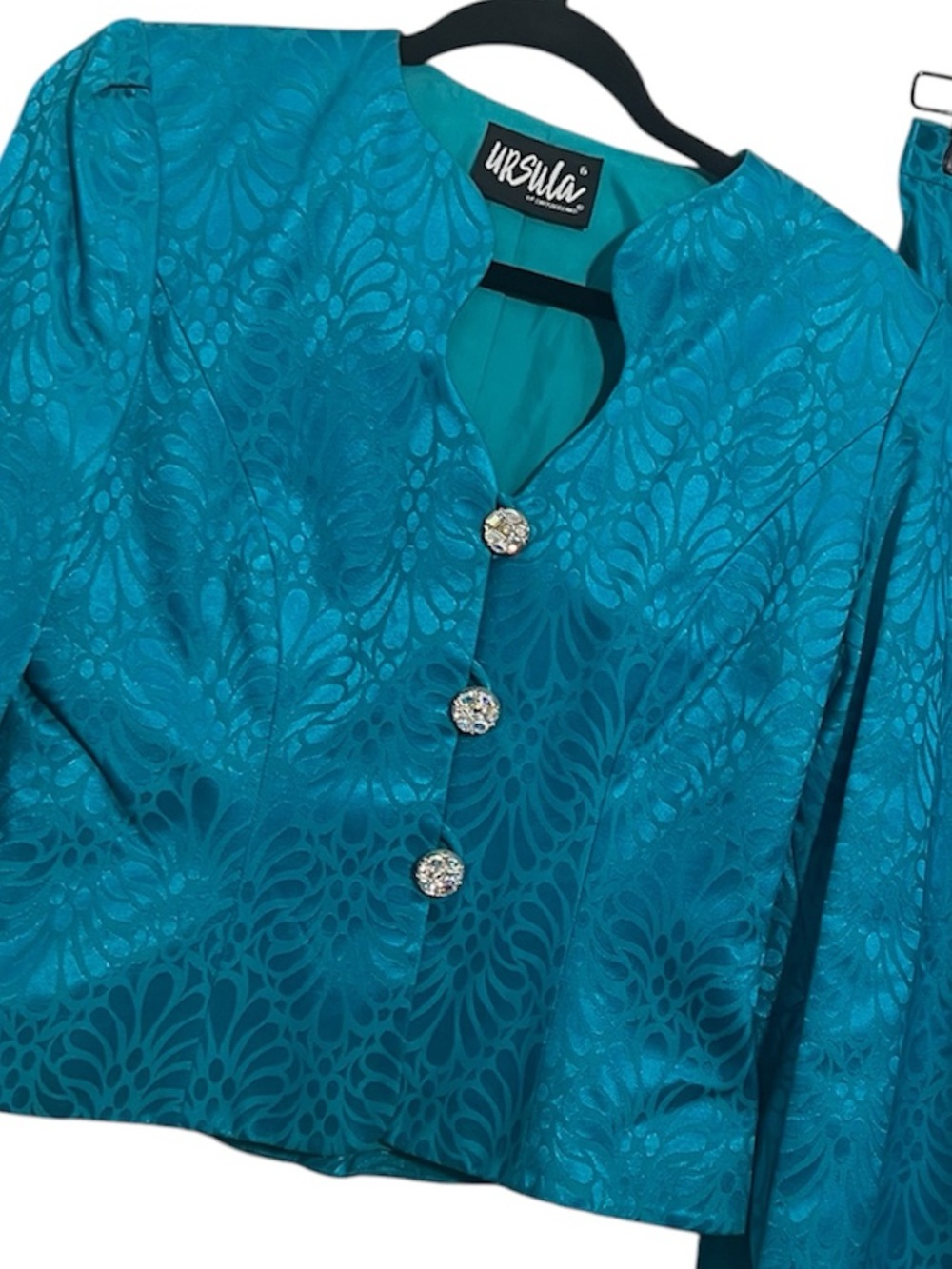 Ursula of Switzerland Teal Brocade Jacket & Skirt Set Size 6